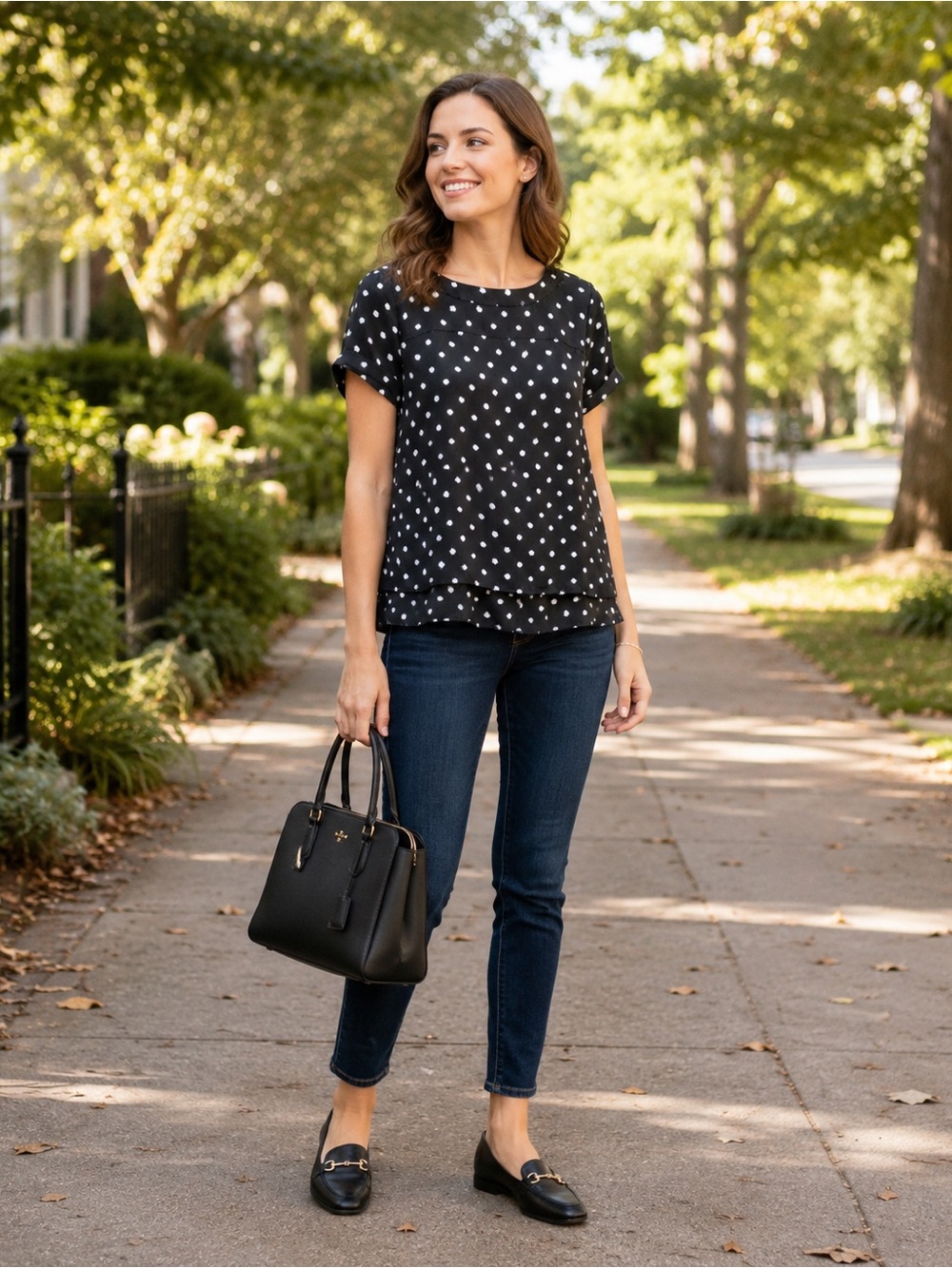 LOFT Black White Polka Dot Cuffed Sleeve Blouse Top XS